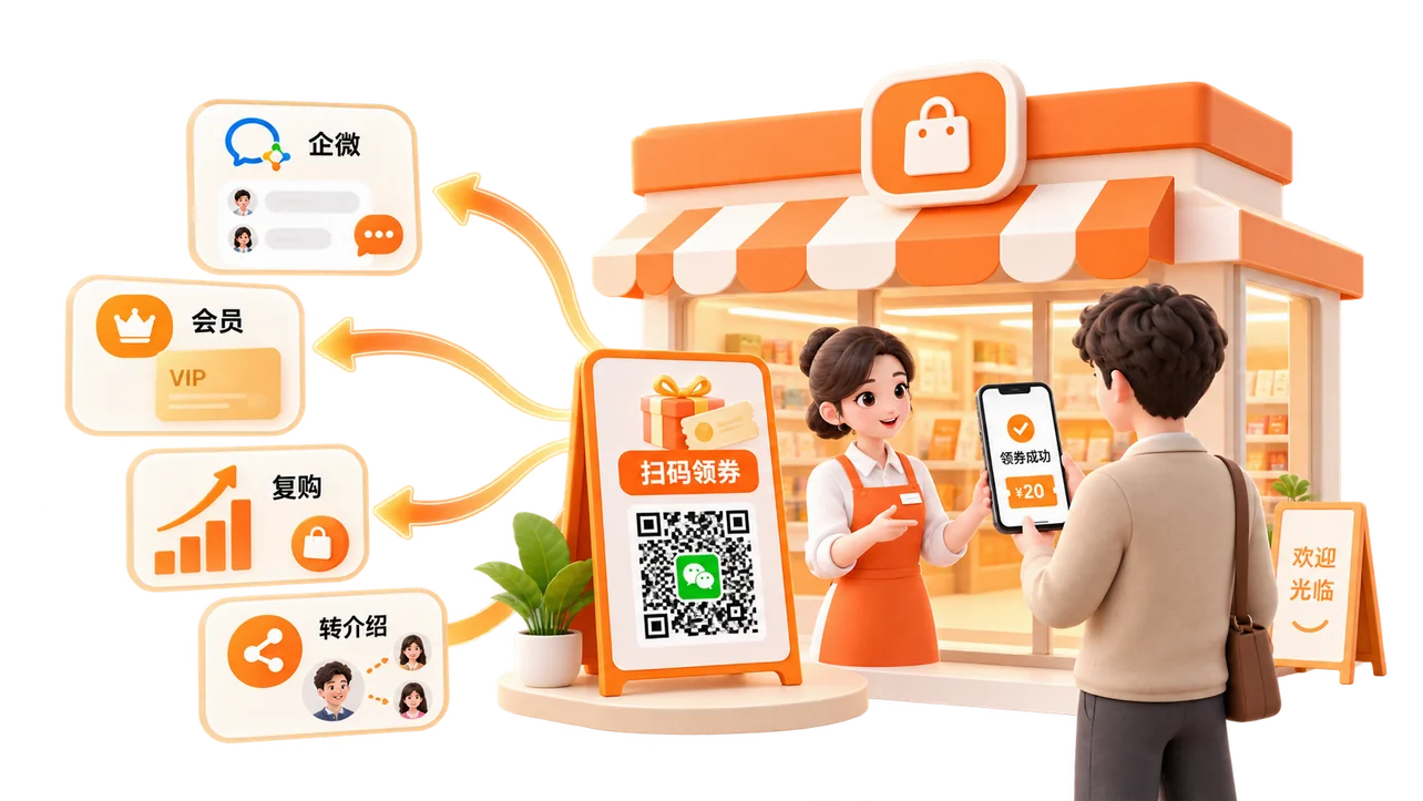 门店扫码领券沉淀企微、会员、复购与转介绍