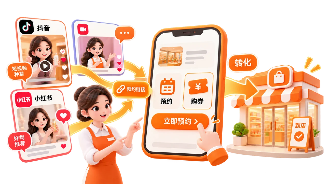 抖音、小红书内容挂载预约链接引流到店