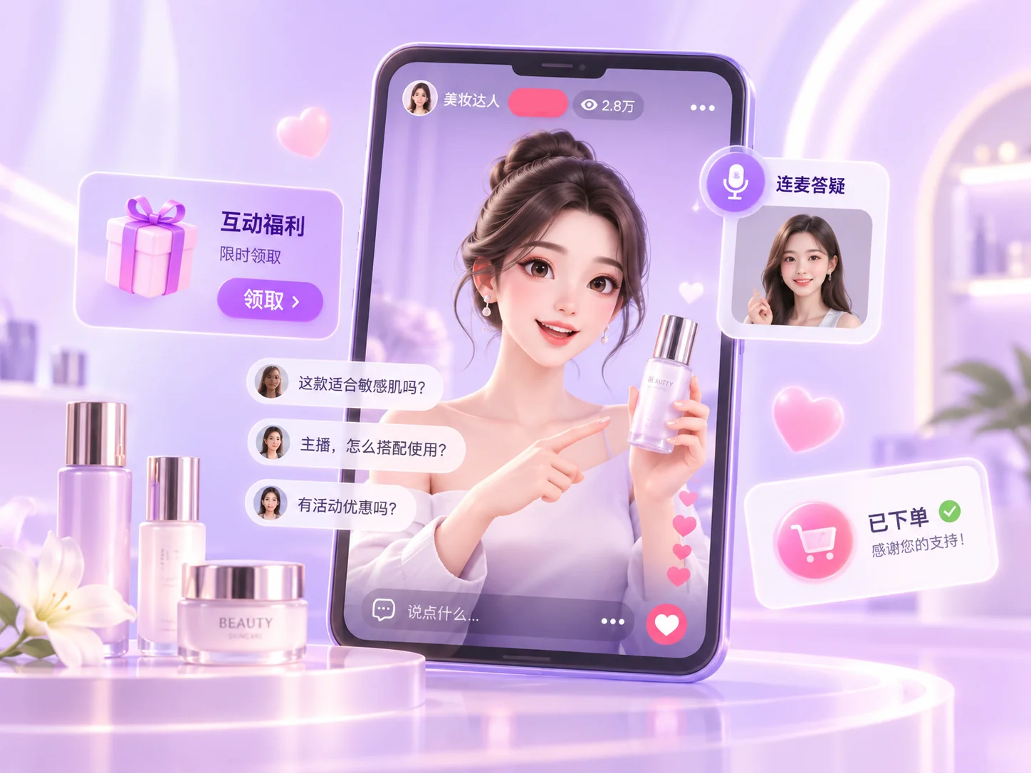美业直播间连麦答疑与互动福利界面