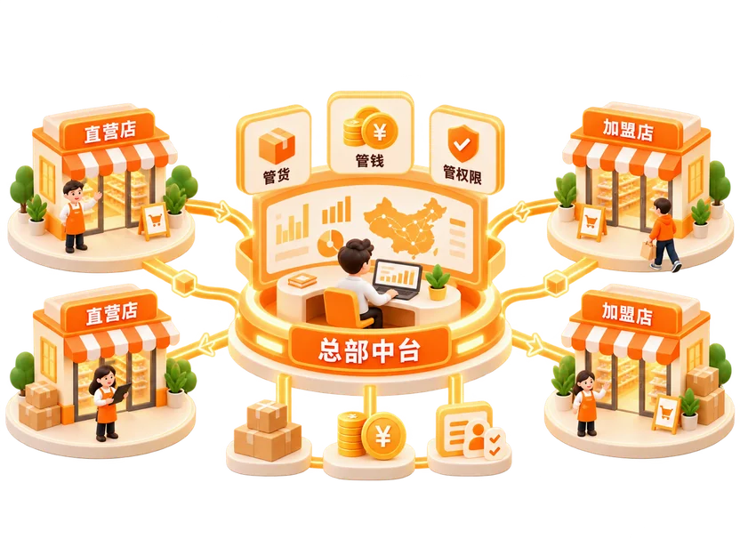 总部中台统一管理直营店与加盟店示意