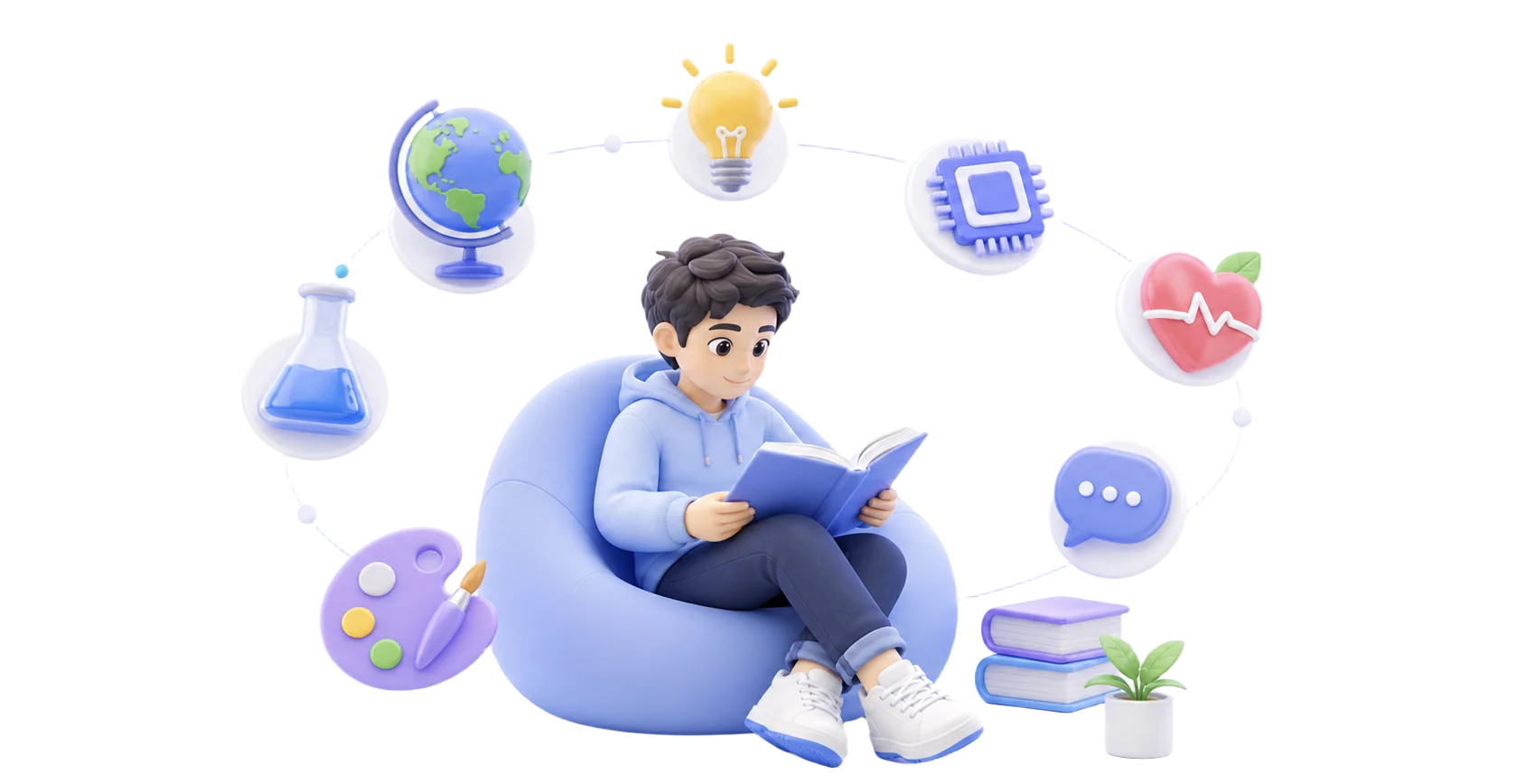素养行业解决方案配图：阅读的少年与科学、艺术、健康等素养主题图标