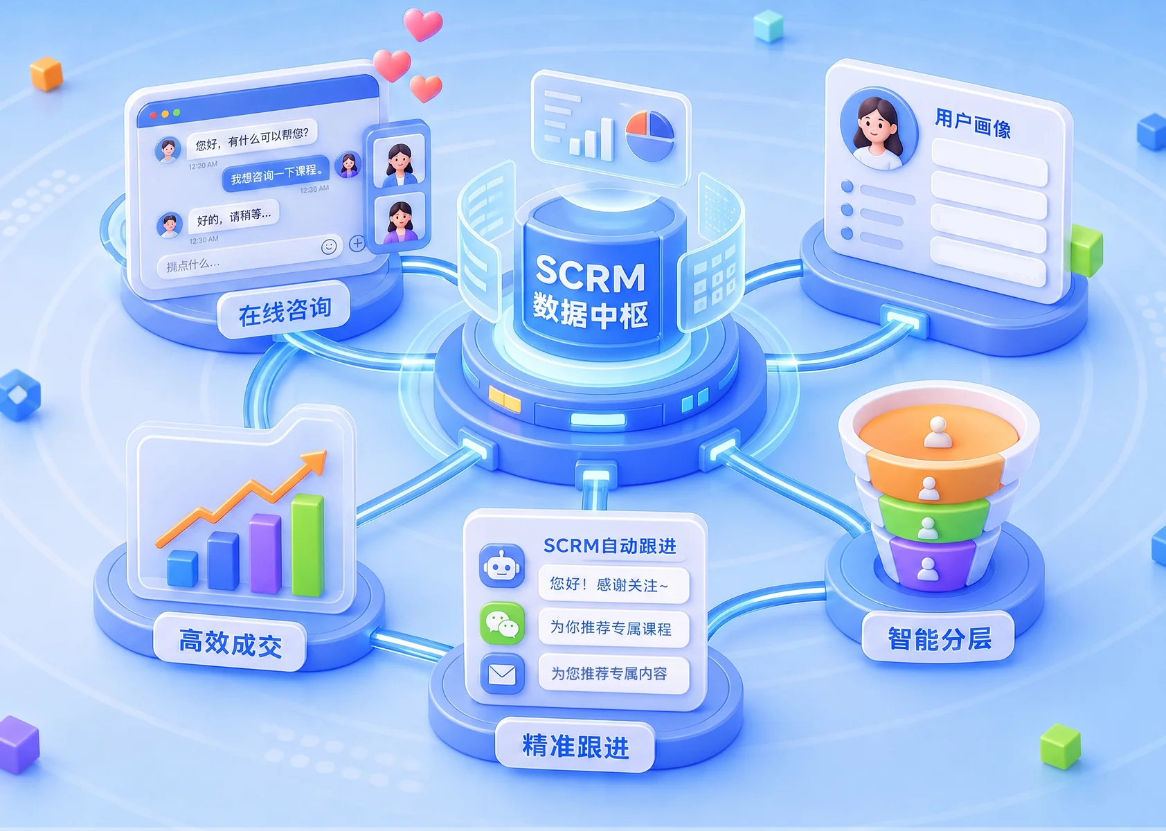 SCRM 数据中枢：在线咨询、用户画像、智能分层、精准跟进与高效成交
